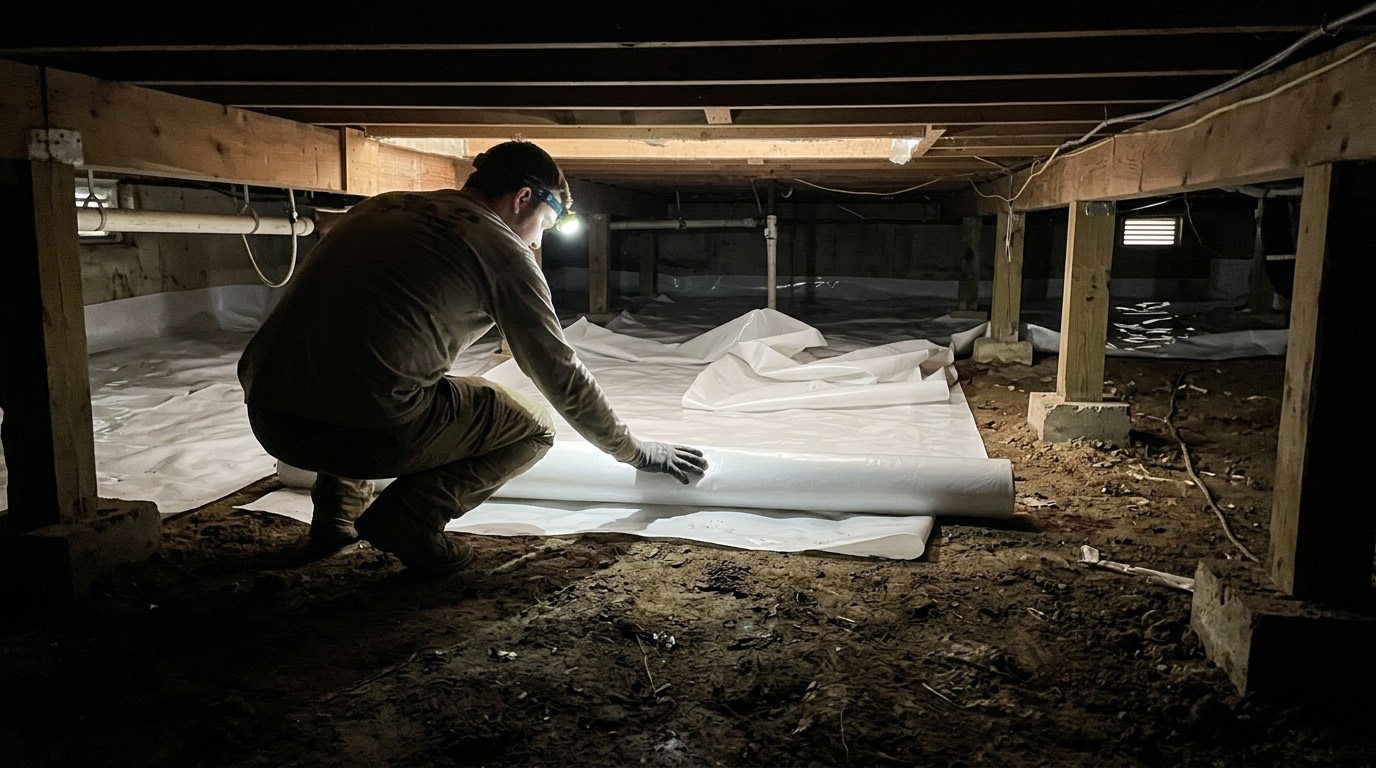 Laying the vapor barrier for crawl space radon mitigation
