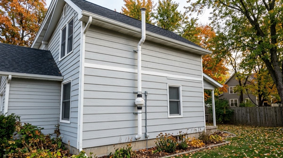 Exterior radon mitigation system installed on a Des Moines home